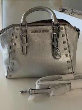 Michael Kors Metallic Silver Studded Leather Satchel